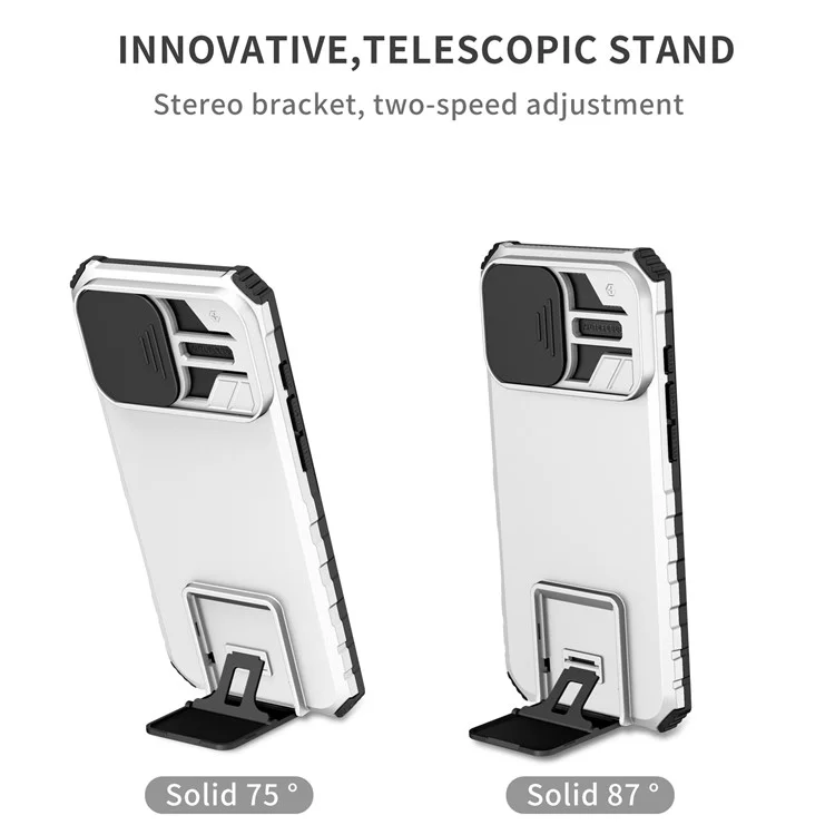 Para iPhone 16 Pro Case Camera Slider PC + TPU Phone Cover com Kickstand - Prata