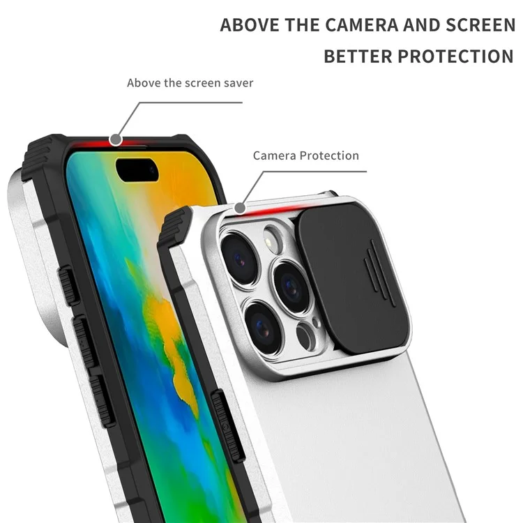 Para iPhone 16 Pro Case Camera Slider PC + TPU Phone Cover com Kickstand - Prata