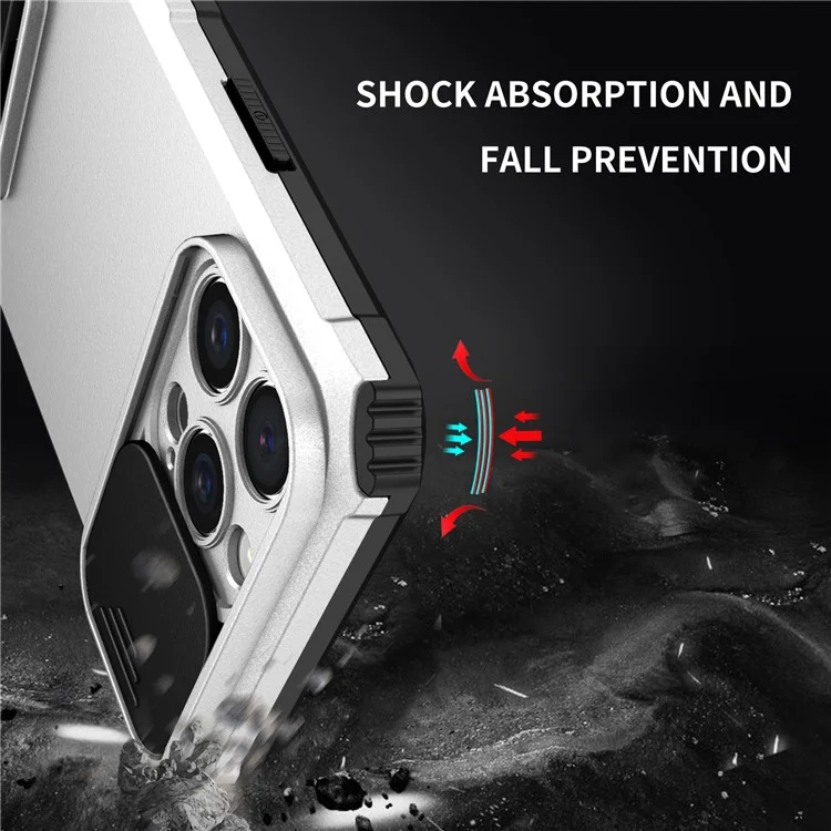 Para iPhone 16 Pro Case Camera Slider PC + TPU Phone Cover com Kickstand - Prata