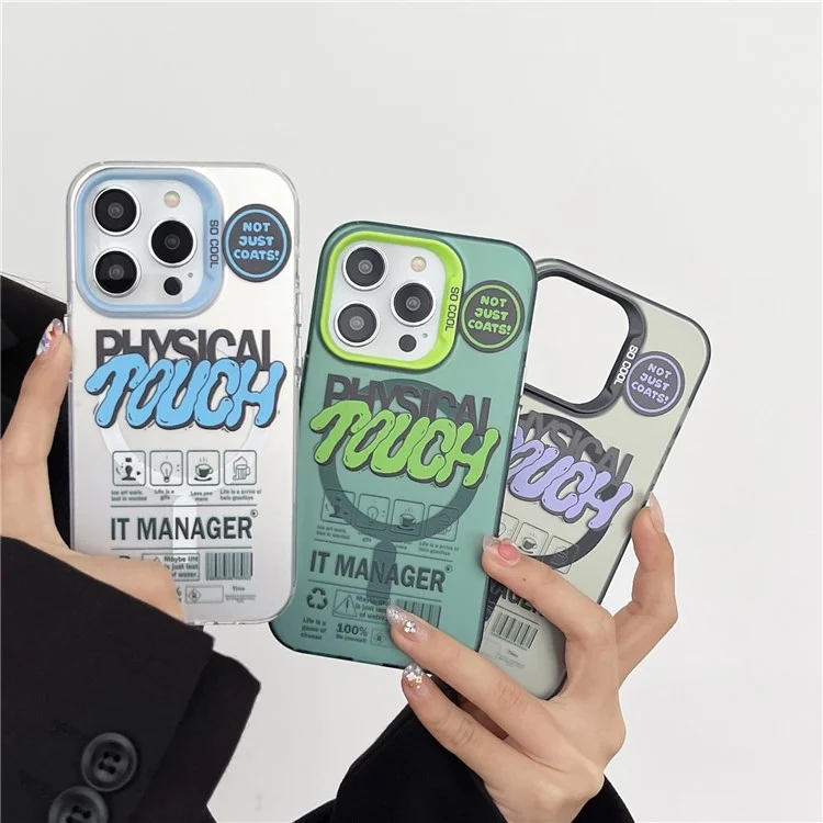 For iPhone 14 Pro Magnetic Case PC TPU English Tags Printed Back Cover Compatible with MagSafe - Blue