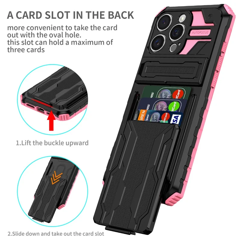 For iPhone 16 Pro Max Case with Card Holder PC + TPU Phone Back Cover Kickstand - Pink