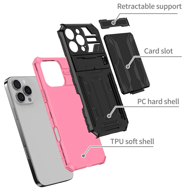 For iPhone 16 Pro Max Case with Card Holder PC + TPU Phone Back Cover Kickstand - Pink