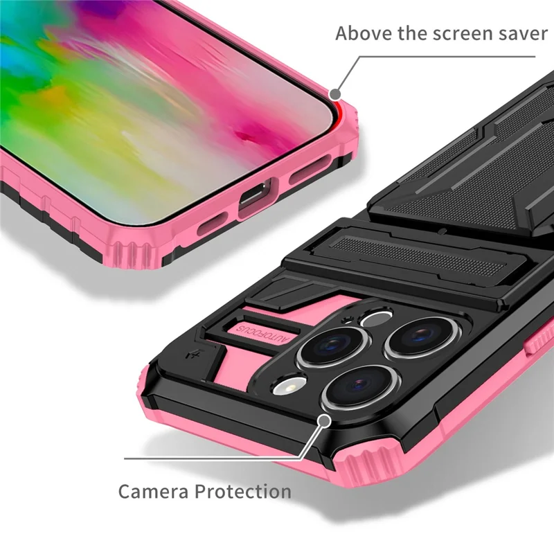 For iPhone 16 Pro Max Case with Card Holder PC + TPU Phone Back Cover Kickstand - Pink