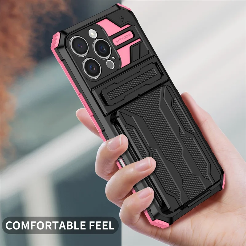 For iPhone 16 Pro Max Case with Card Holder PC + TPU Phone Back Cover Kickstand - Pink