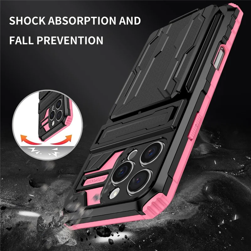 For iPhone 16 Pro Max Case with Card Holder PC + TPU Phone Back Cover Kickstand - Pink