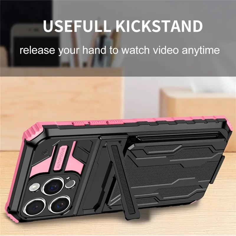 For iPhone 16 Pro Max Case with Card Holder PC + TPU Phone Back Cover Kickstand - Pink