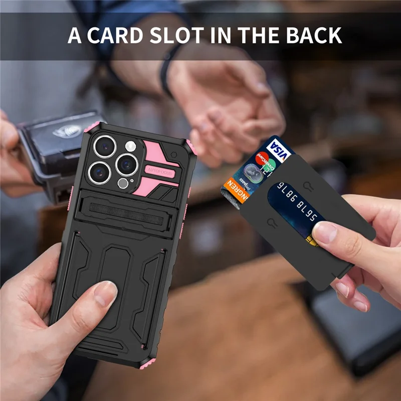 For iPhone 16 Pro Max Case with Card Holder PC + TPU Phone Back Cover Kickstand - Pink