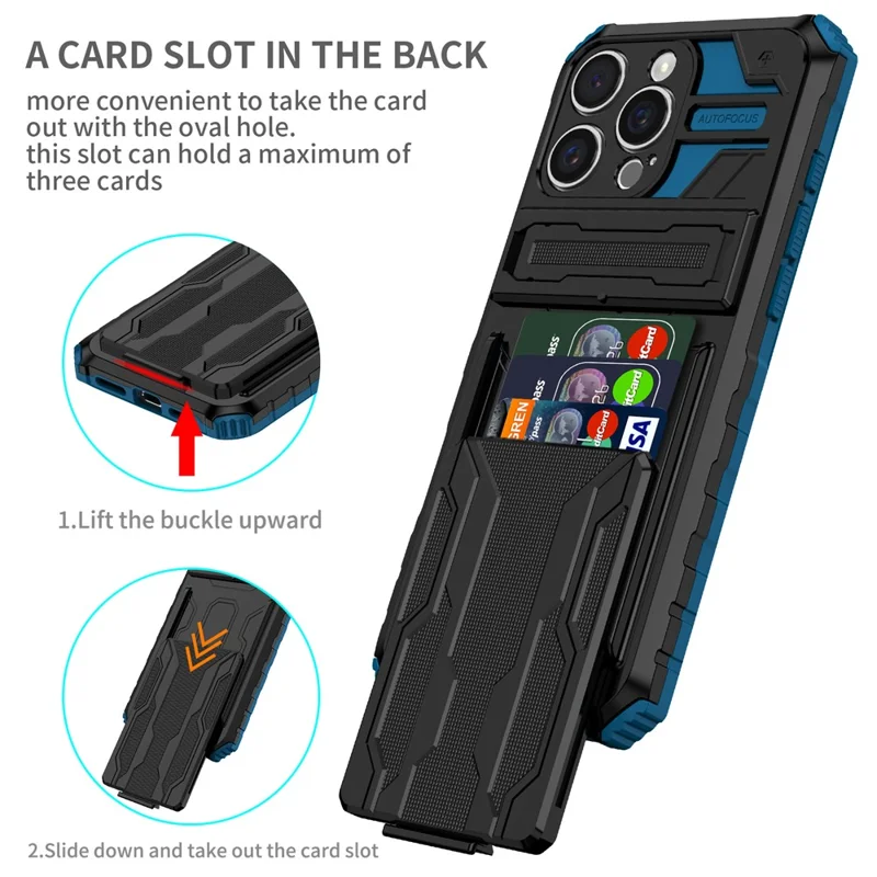 For iPhone 16 Pro Case with Card Holder PC + TPU Phone Back Cover Kickstand - Blue