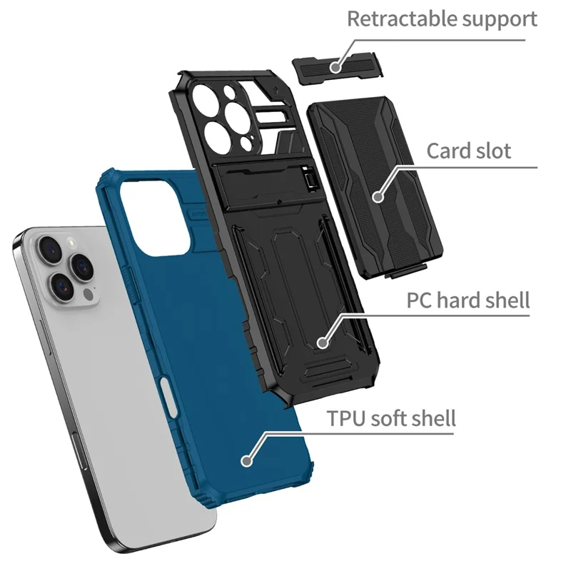 For iPhone 16 Pro Case with Card Holder PC + TPU Phone Back Cover Kickstand - Blue
