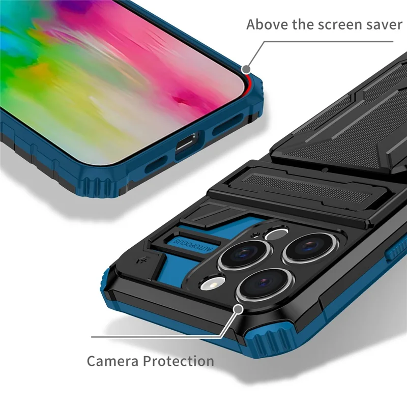 For iPhone 16 Pro Case with Card Holder PC + TPU Phone Back Cover Kickstand - Blue