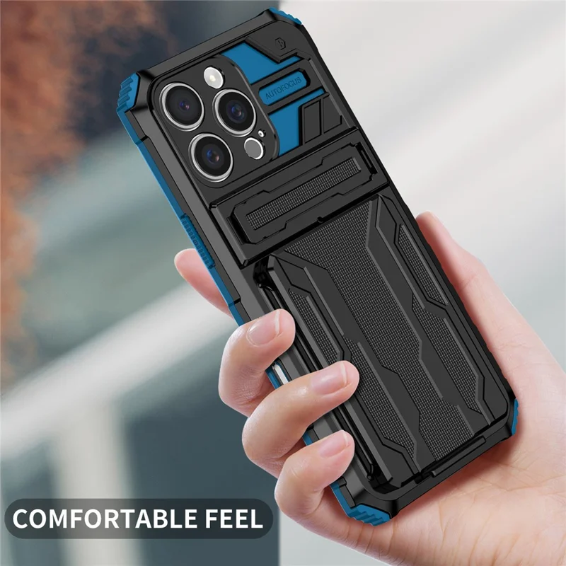 For iPhone 16 Pro Case with Card Holder PC + TPU Phone Back Cover Kickstand - Blue