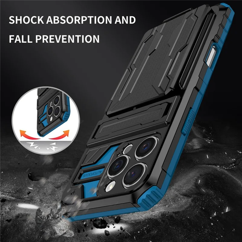 For iPhone 16 Pro Case with Card Holder PC + TPU Phone Back Cover Kickstand - Blue