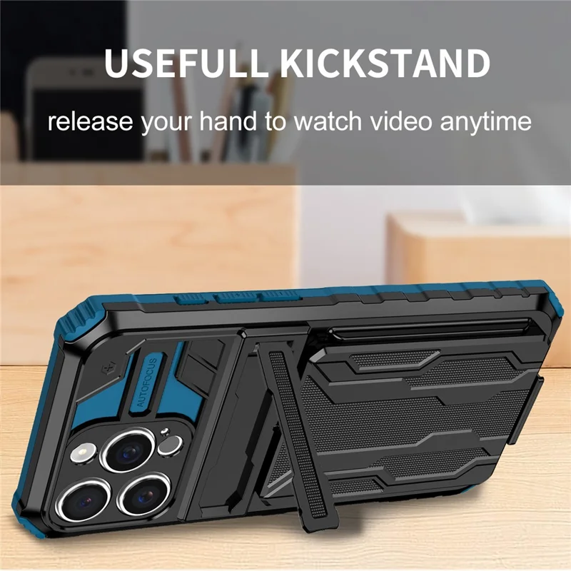 For iPhone 16 Pro Case with Card Holder PC + TPU Phone Back Cover Kickstand - Blue