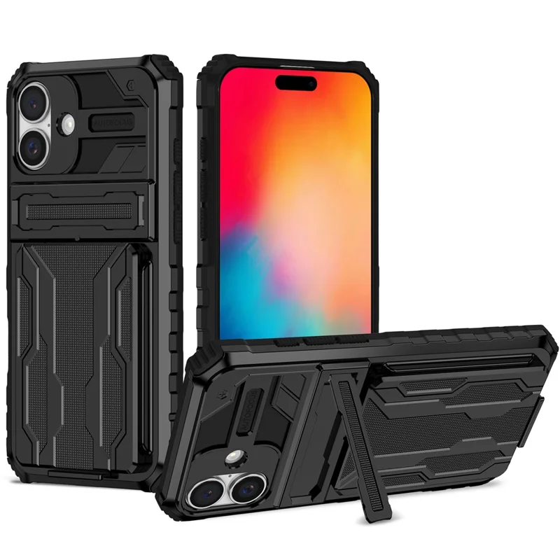 For iPhone 16 Plus Case with Card Holder PC + TPU Phone Back Cover Kickstand - Black