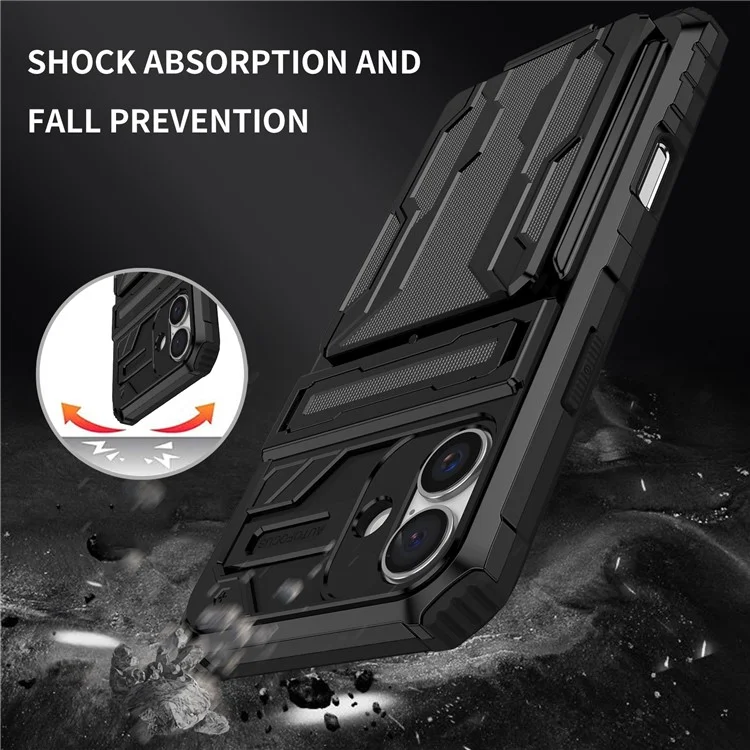 For iPhone 16 Plus Case with Card Holder PC + TPU Phone Back Cover Kickstand - Black