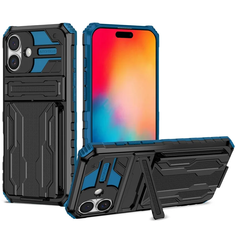 For iPhone 16 Case with Card Holder PC + TPU Phone Back Cover Kickstand - Blue