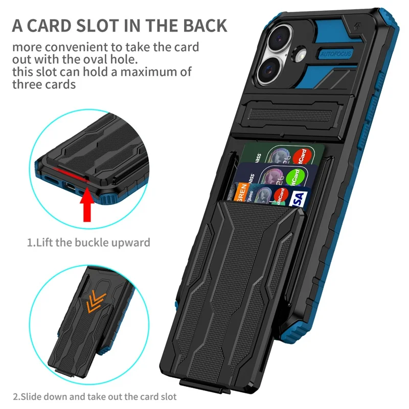 For iPhone 16 Case with Card Holder PC + TPU Phone Back Cover Kickstand - Blue