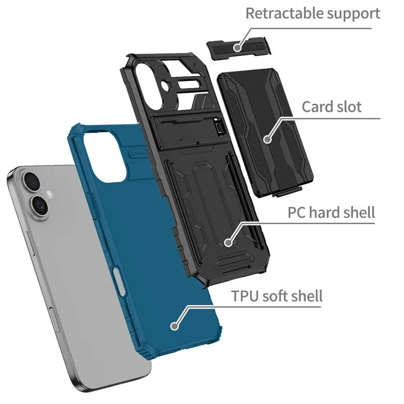 For iPhone 16 Case with Card Holder PC + TPU Phone Back Cover Kickstand - Blue