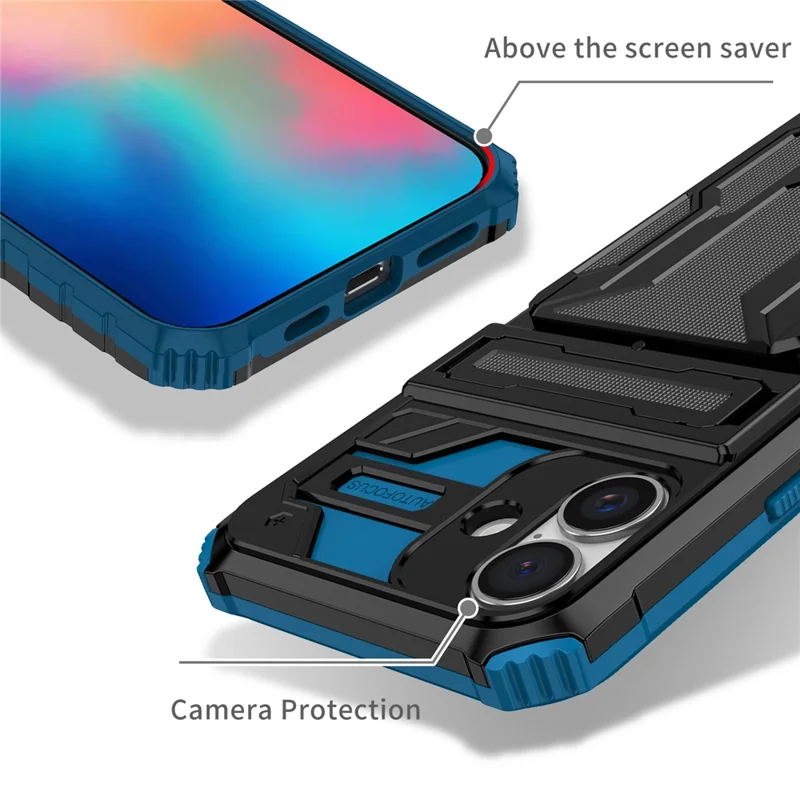 For iPhone 16 Case with Card Holder PC + TPU Phone Back Cover Kickstand - Blue