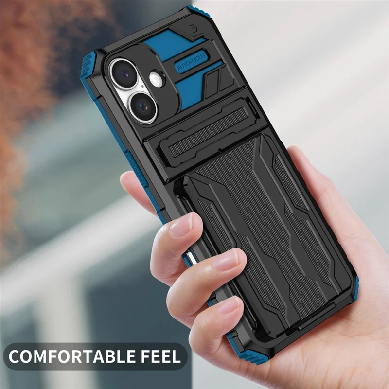 For iPhone 16 Case with Card Holder PC + TPU Phone Back Cover Kickstand - Blue