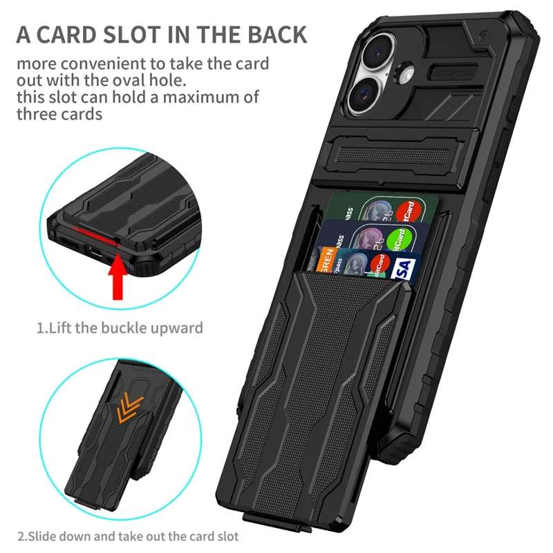 For iPhone 16 Case with Card Holder PC + TPU Phone Back Cover Kickstand - Black