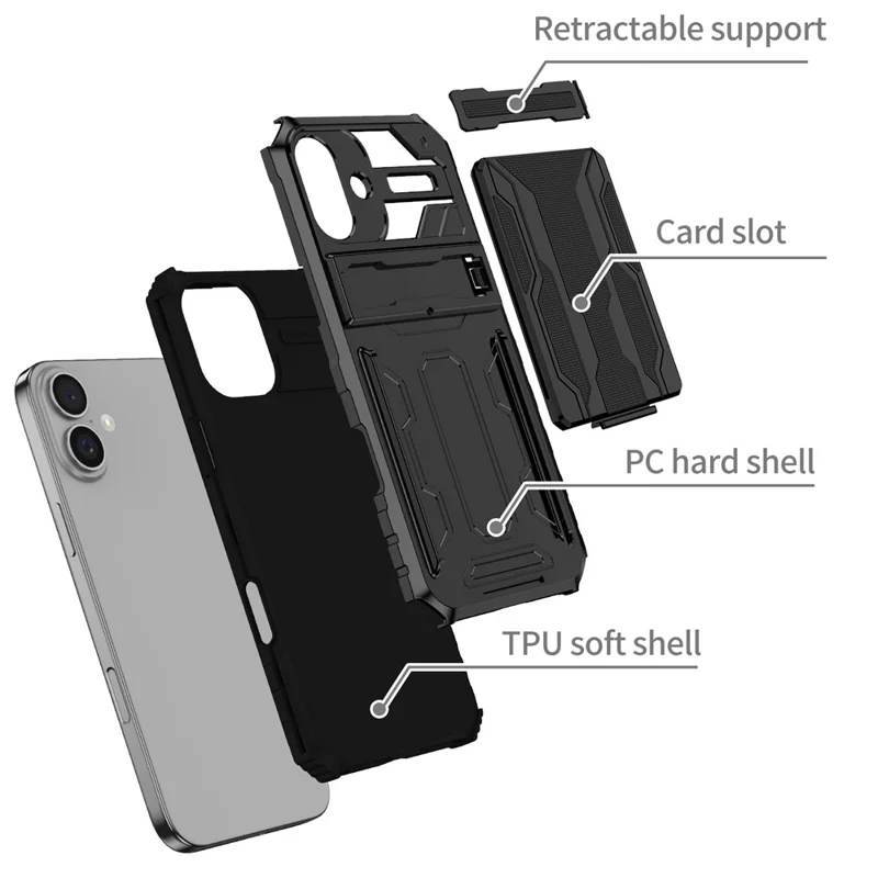 For iPhone 16 Case with Card Holder PC + TPU Phone Back Cover Kickstand - Black