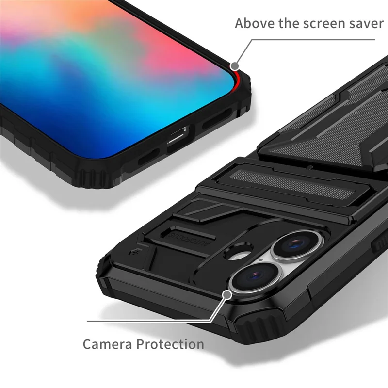 For iPhone 16 Case with Card Holder PC + TPU Phone Back Cover Kickstand - Black
