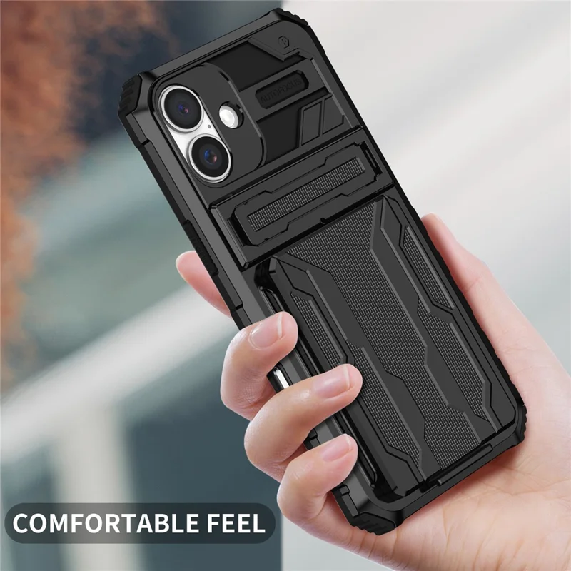 For iPhone 16 Case with Card Holder PC + TPU Phone Back Cover Kickstand - Black
