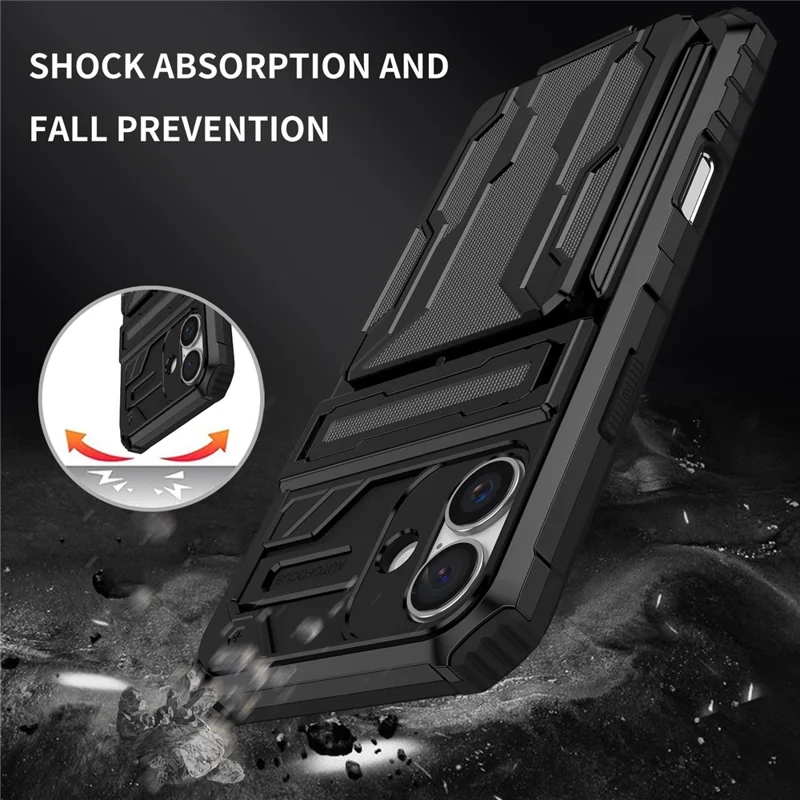 For iPhone 16 Case with Card Holder PC + TPU Phone Back Cover Kickstand - Black