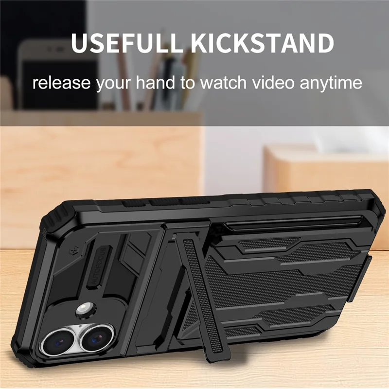 For iPhone 16 Case with Card Holder PC + TPU Phone Back Cover Kickstand - Black