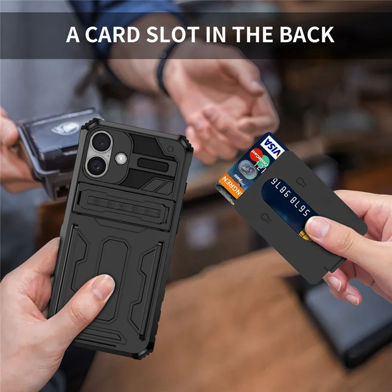 For iPhone 16 Case with Card Holder PC + TPU Phone Back Cover Kickstand - Black
