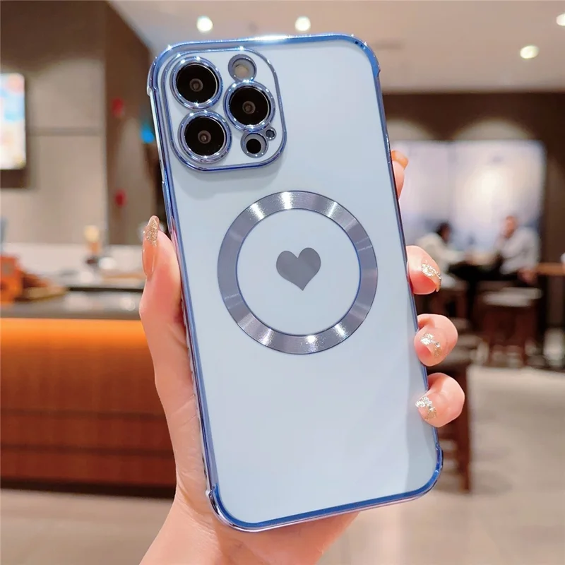 For iPhone 15 Pro Magnetic Case Love Hearts Electroplating TPU Phone Cover Camera Protection - Blue