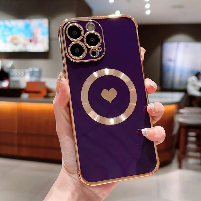 For iPhone 14 Pro Max Magnetic Case Cute Love Heart Pattern Phone Cover Flexible TPU - Dark Purple