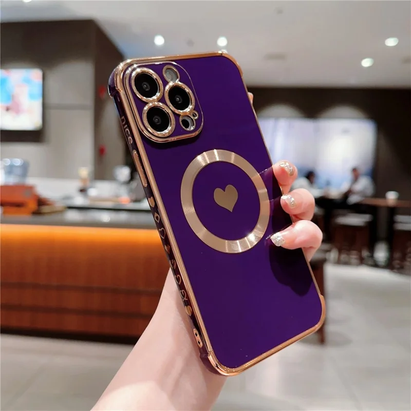 For iPhone 14 Pro Max Magnetic Case Cute Love Heart Pattern Phone Cover Flexible TPU - Dark Purple
