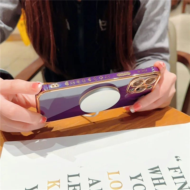 For iPhone 14 Pro Max Magnetic Case Cute Love Heart Pattern Phone Cover Flexible TPU - Dark Purple