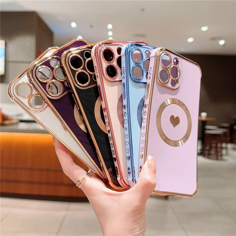 For iPhone 14 Pro Max Magnetic Case Cute Love Heart Pattern Phone Cover Flexible TPU - Dark Purple