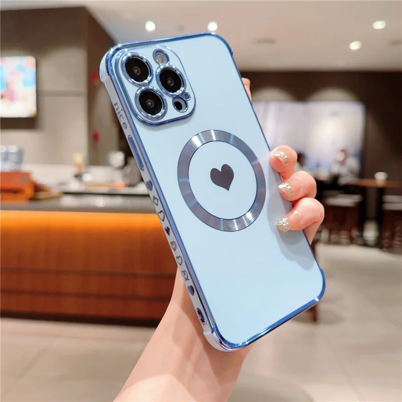 For iPhone 14 Pro Max Magnetic Case Cute Love Heart Pattern Phone Cover Flexible TPU - Blue