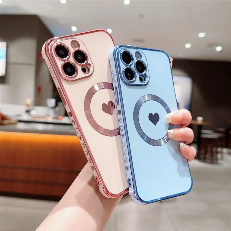 For iPhone 14 Pro Max Magnetic Case Cute Love Heart Pattern Phone Cover Flexible TPU - Blue