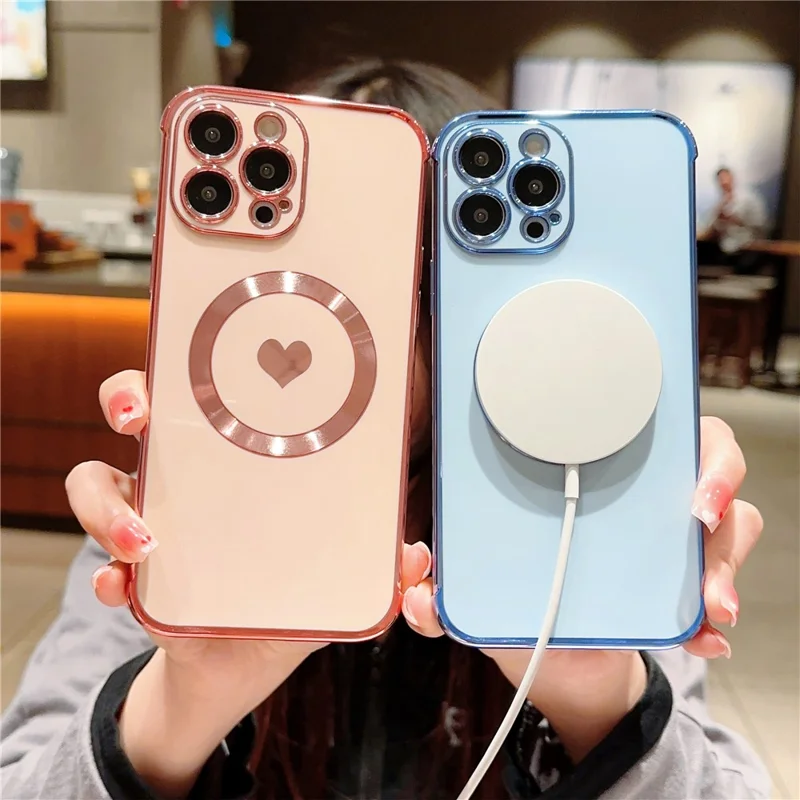 For iPhone 14 Pro Max Magnetic Case Cute Love Heart Pattern Phone Cover Flexible TPU - Blue