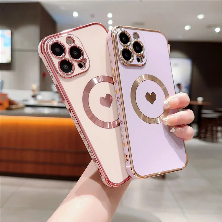 Capa para iPhone 15 Pro Max Cute Love Heart Pattern TPU Phone Cover Compatível com MagSafe - Roxo