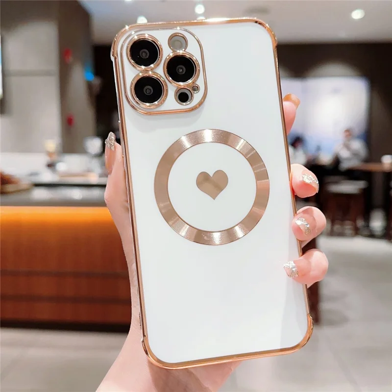 For iPhone 15 Pro Max Case Cute Love Heart Pattern TPU Phone Cover Compatible with MagSafe - Ivory White