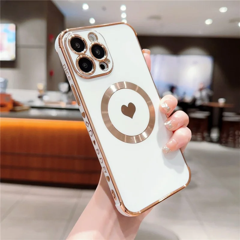 For iPhone 15 Pro Max Case Cute Love Heart Pattern TPU Phone Cover Compatible with MagSafe - Ivory White