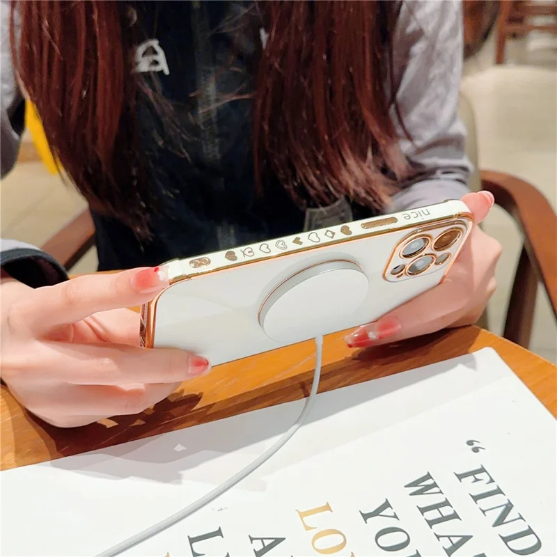 For iPhone 15 Pro Max Case Cute Love Heart Pattern TPU Phone Cover Compatible with MagSafe - Ivory White