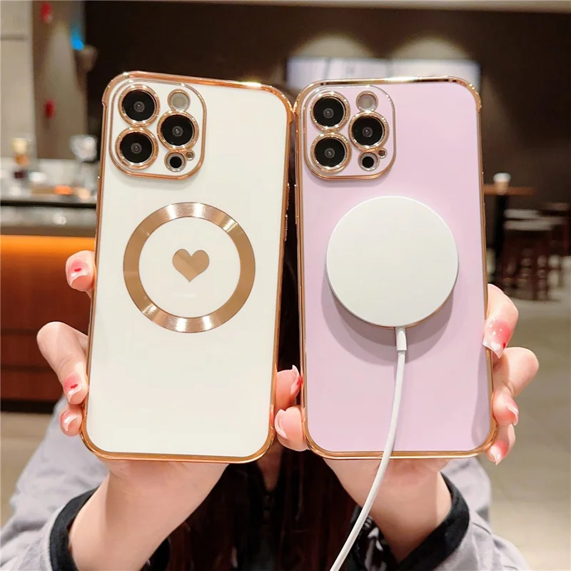 For iPhone 15 Pro Max Case Cute Love Heart Pattern TPU Phone Cover Compatible with MagSafe - Ivory White