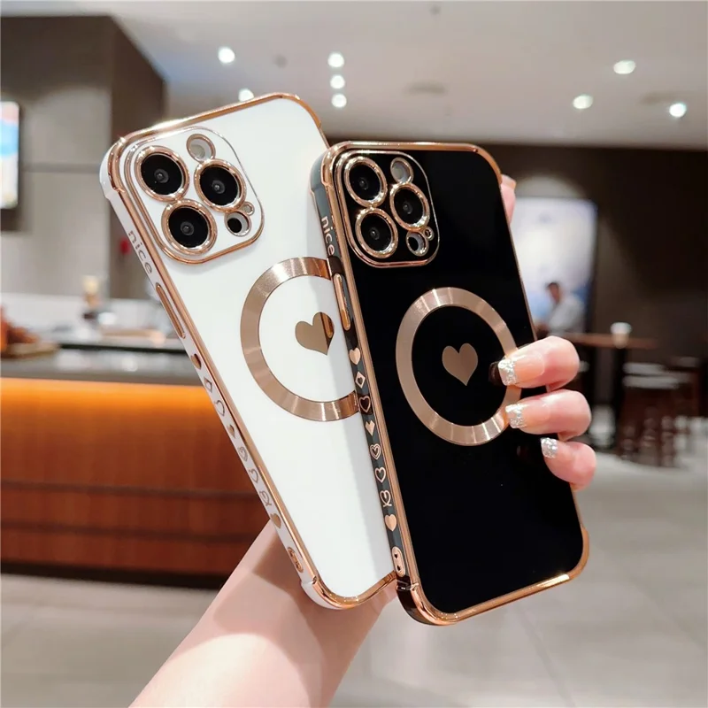 For iPhone 15 Pro Max Case Cute Love Heart Pattern TPU Phone Cover Compatible with MagSafe - Ivory White