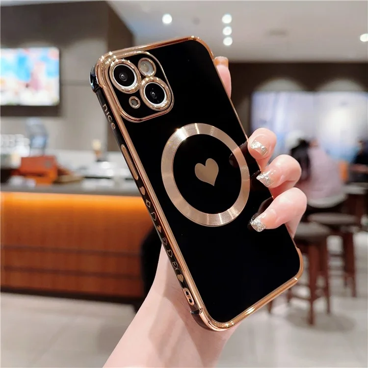 Capa Magnética Para iPhone 13 Padrão de Coração de Amor TPU Anti-Arranhões Capa de Telefone Borda Eletroplating - Preto