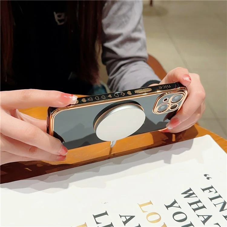 Capa Magnética Para iPhone 13 Padrão de Coração de Amor TPU Anti-Arranhões Capa de Telefone Borda Eletroplating - Preto