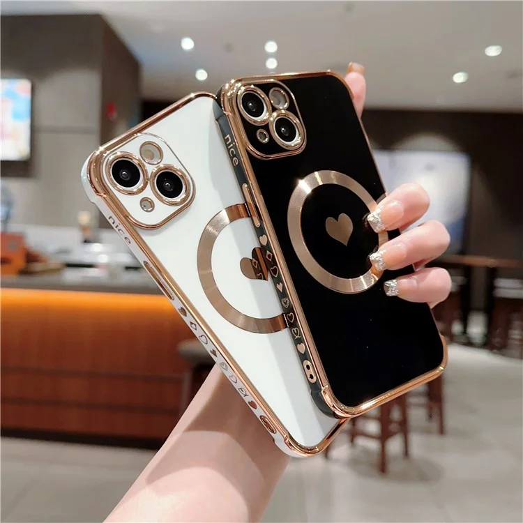 Capa Magnética Para iPhone 13 Padrão de Coração de Amor TPU Anti-Arranhões Capa de Telefone Borda Eletroplating - Preto