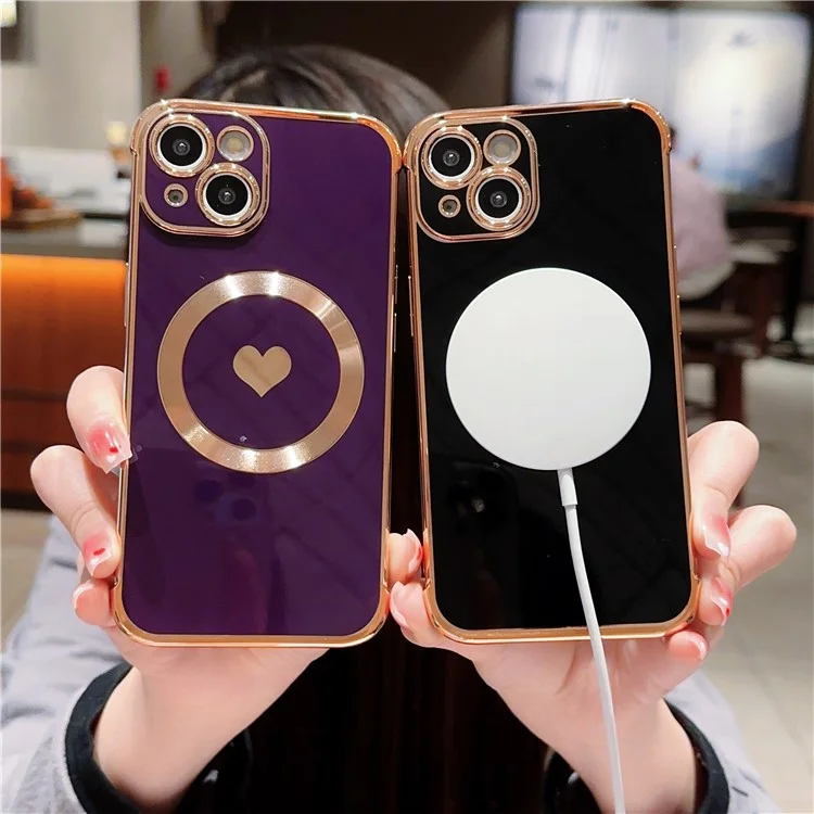 Capa Magnética Para iPhone 13 Padrão de Coração de Amor TPU Anti-Arranhões Capa de Telefone Borda Eletroplating - Preto