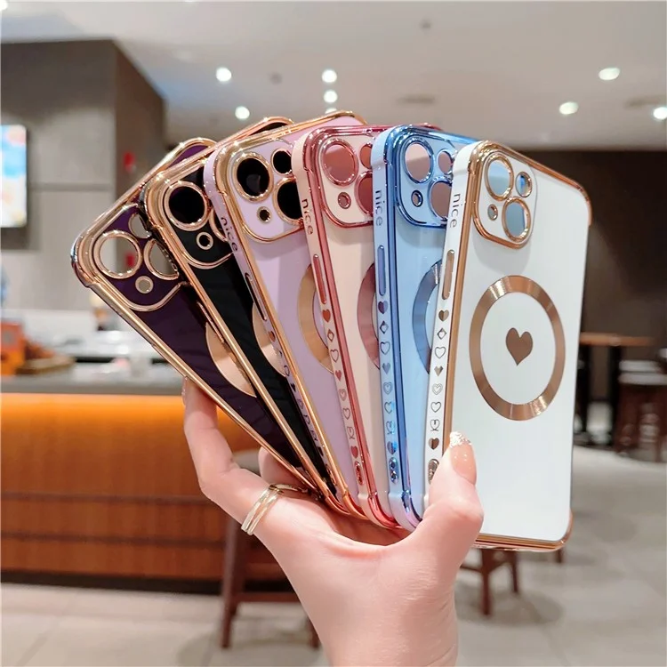 Capa Magnética Para iPhone 13 Padrão de Coração de Amor TPU Anti-Arranhões Capa de Telefone Borda Eletroplating - Preto